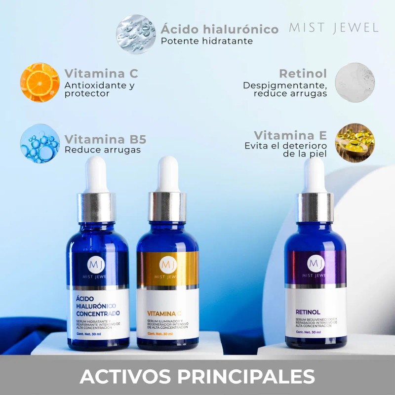 Kit Facial Con 3 Sueros Acido Hialurónico, Retinol, Vit C
