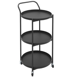 Round 3-Tier Rolling Bar Cart with Wheels, Round Bar Serving Cart with Metal Frame, 18 x 31 inch Mobile Storage Carts for Kitchen Dining Room Living Room (Black)