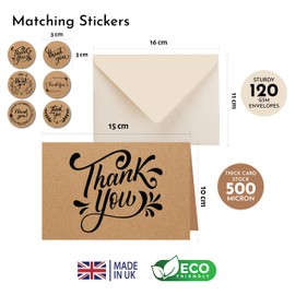 SIMPLY GIFTED Thank You Cards Multipack of 24 with Envelopes & Matching Thank You Stickers- 6 Different Design Blank Inside -10x15cm Brown Kraft Thankyou Cards for Teachers Weddings Kids - Made in UK