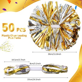 Yunsailing 50 Pack Cheerleading Pom Poms with Handle Bulk Metallic Foil Plastic Pom Poms for Dance, Matches, Squad Spirit Sports, Stage Performance, Carnival Celebration(Gold and Silver)