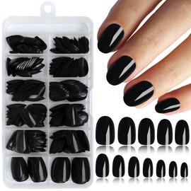 LoveOurHome 240pc Short Oval Press on Nails Black Fake Nails, XS Oval Press on Nails Short Glue on Nails Black Acrylic Nail Press ons False Nail Tips Artificial Fingernails with Adhesive Tabs