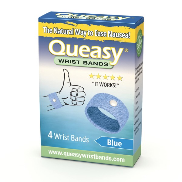 Queasy Anti-Nausea Wristbands – Nausea & Vomiting Relief from Morning Sickness, Motion Sickness, Migraine - Nausea Relief Aid - Acupressure Wristband - 2 Pairs, Set of 4 Bands - Blue