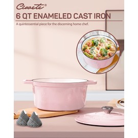 Ciwete 6 QT Dutch Oven Pot with Lid, Enameled Cast Iron Dutch Oven for Bread Making, Braiser, Cooking, Dual Handles, Oven Safe up to 500° F or on Stovetop, Gifts for Family - Pink