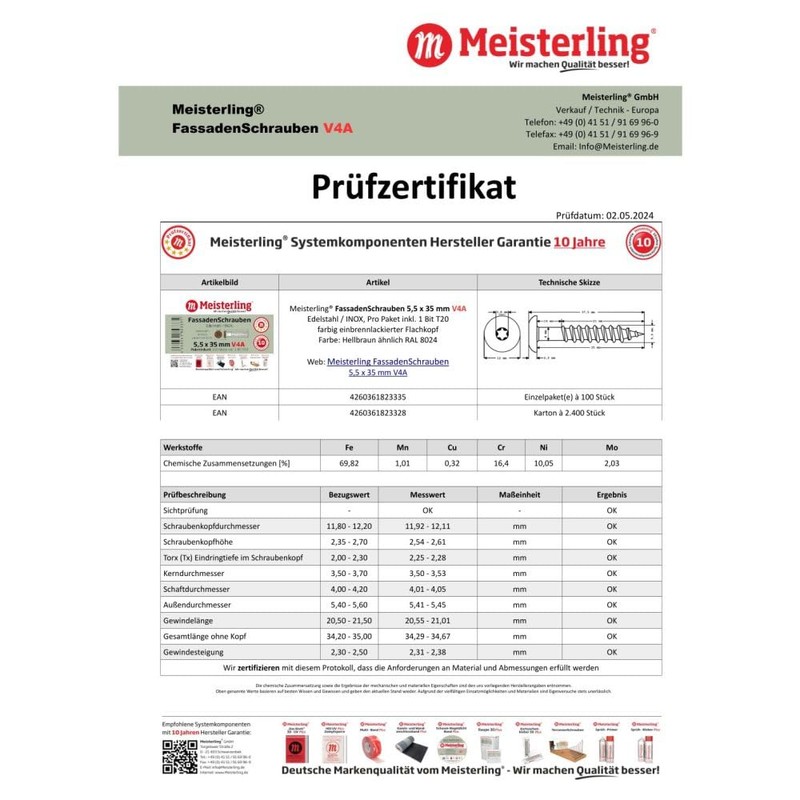 Meisterling® Facade Screws Stainless Steel V4A 5.5 x 35 mm