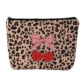 BornSiiren Leopard Print Cherry Makeup Bag,Cosmetic Bag for Women, Large Capacity Toiletry Bag,Zipper Pouch, Travel Accessories Storage with Lining