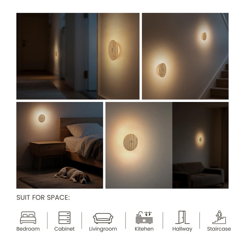 Vadifula Motion Sensor Night Light Wood Rechargeable Battery-Powered Stick-On Step