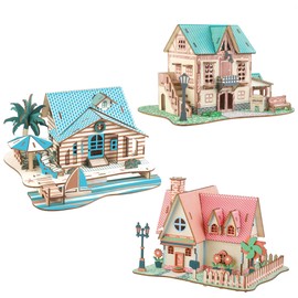 MPIUET 3D Wooden Puzzle for Adults, 3PCS Little House Model Kits to Build, Log Cabin 3D Puzzle, Wooden Country Cottage Building Model, Tabletop Decoration