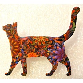 Cat Kitten Walking Rust Tones Multicolor Flower Acrylic Pin Brooch Jewelry