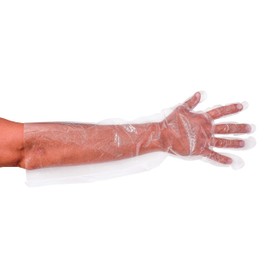 200 Pack High Density Polyethylene Elbow Gloves 22" long, thickness 1.1 mil Clear Non Exam Gloves. Disposable PE Gloves for Food Service Areas. Plastic Safety Gloves. Ambidextrous, Flared Cuff.