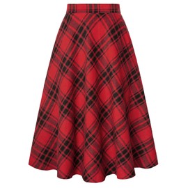 Belle Poque Women Plaid Midi Skirts High Waisted Business Casul Fall Winter Casual Skirt 50s Outfit Red Black Plaid M
