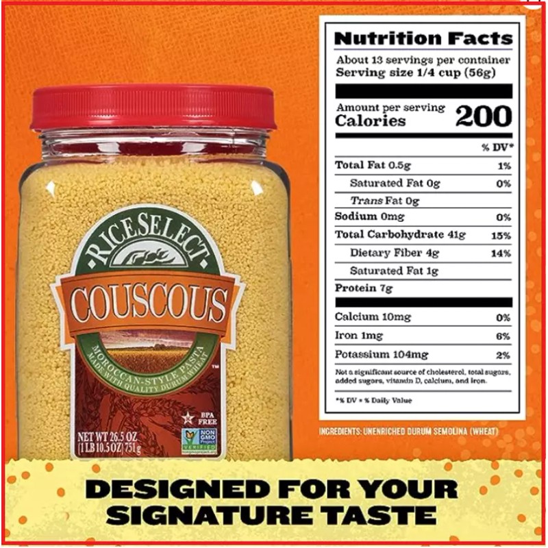 RiceSelect Couscous, Moroccan-Style Non-GMO & Vegan Couscous Pasta, 26.5 oz