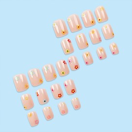 Short Press on Nails Nude Square Fake Nails Colorful Flowers False Nails with Design Full Cover Acrylic Nails Reusable Glue on Nails Summer Floral Stick on Nails for Women Girls 24 Pcs