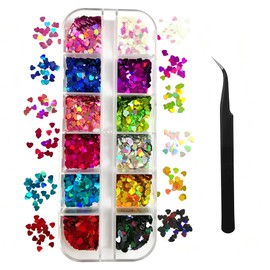 Nail Glitter, Heart 12 Color Set, Hologram Star Nail Parts, Sparkling Star Shape, DIY, Handmade Material, Craft Parts, Nail Art Supplies, Tweezers Included, Transparent Case