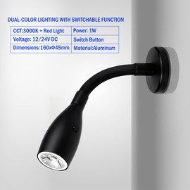 THALASSA 2-Pack 12V Flexible Gooseneck Light Black RV Reading Light Warm White & Red Night Mode Wall Mounted Bedside Under-Cabinet Lights On Camper Van Camping Trailer Motorhome