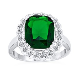 Personalize Fashion Rectangle Large Solitaire AAA CZ Pave Simulated Green Emerald Cut Art Deco Style Cocktail Statement Ring For Women Silver Plated Customizable