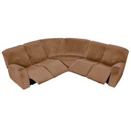 MIFXIN Recliner Sofa Covers 5 Seat Corner Sofa Slipcovers Velvet Stretch Elastic 7 Piece Reclining Cover L Shaped Sectional Couch Set Furniture Protector (Camel)