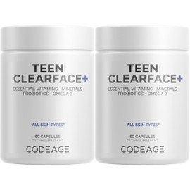 Codeage Codeage Teen Clearface Adolescent Face, Skin & Pimples, Vitamins A, C, D3, E, Pantothenic Acid, Niacin, Zinc Supplement Teenagers, Probiotics, L-Lysine, Omega-3, Oily Skin, Pores, Spots - 2 Pack