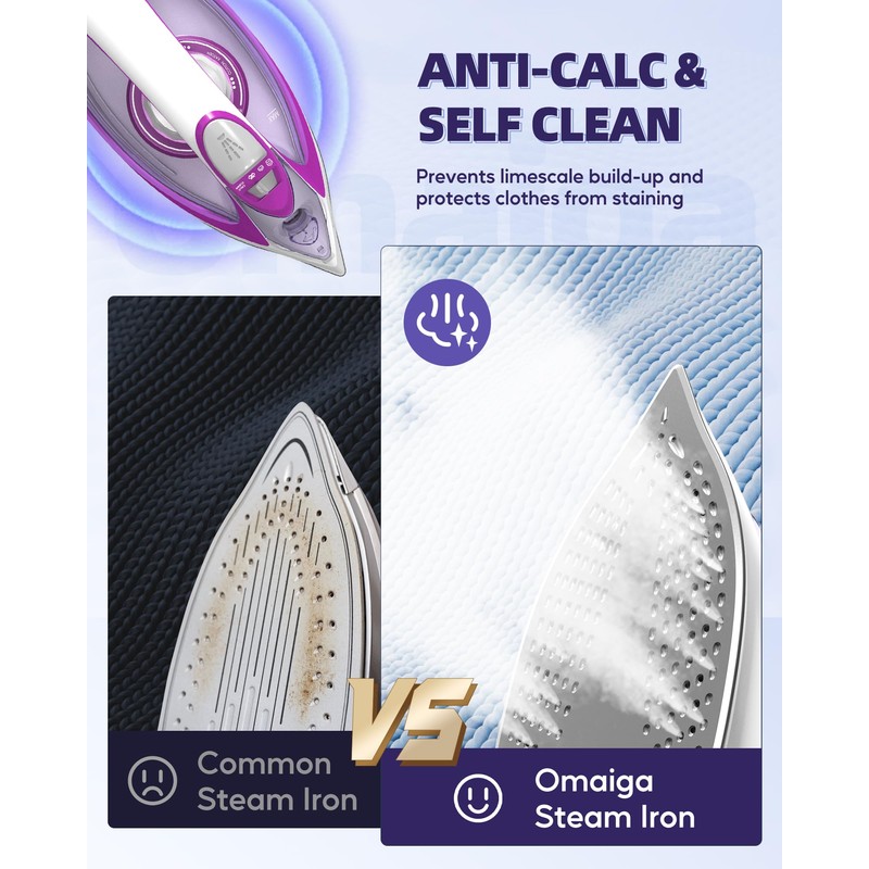 OMAIGA Steam Iron for Clothes, 1750W with Rapid Heating Ceramic
