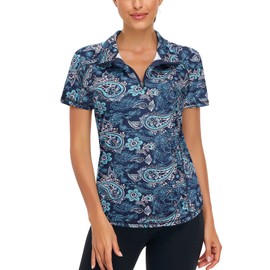 LURANEE Womens Athletic Tops,Workout Jacket for Ladies Quarter Zip Pullover Regular Fit Trendy Shoort Sleeves Shirts Lightweight Stay-Dry Hiking Fishing Clothes Paisley Dack Blue XL