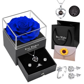 Heyolo Preserved Red Real Rose with I Love You Necklace, Earrings, Zirconia Ring Gifts Set, Eternal Flowers Rose Birthday Gifts for Women Girlfriend Mom Wife on Anniversary Wedding Valentines Day,Blue