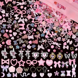 620pcs Mixed 3D Nail Charms Kit, 12pcs Luxury Metal Nail Rhinestones and 250pcs Resin Butterfly Flower Star Heart Bow Charms with 400pcs Flatback Pearls Rhinestone Metal Gems Charms (Pink)