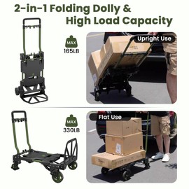 2-1 Folding Hand Truck Dolly, 330LBS Hand Truck Dolly Foldable, Portable Hand Truck Foldable Dolly, Retractable Handle & 4 Rubber Wheels, Hand Cart Foldable for Travel/Luggage/Office/Moving (Green)