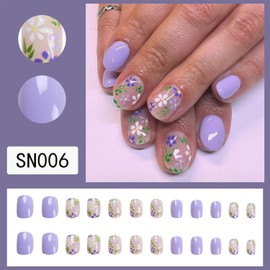 Generic Flowers Press on Nails Oval Short Fake Nails Glossy False Nails With Purple White Floral Designs Purple Full Cover Artificial Nails Acrylic Stick on Nails for Women Girls Glue on Nails 24Pcs