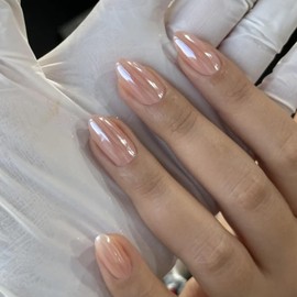 False Nails Short Almond Press on Nails with Glue 30pcs Aurora Nude Stick On Nails Pink Nude Fake Nails Long Lasting Gift for Women Girls (Nude Short Almond, 30pcs)