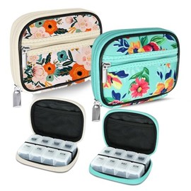 Serfeymi- Pastillero Semanal de Viaje para Bolso con Pastillero Extraíble para 7 Días, Elegante Organizador de Medicamentos de Viaje para Medicamentos, Vitaminas y Suplementos - Bloom 01 + Green 01