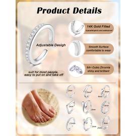 FANCH 9 Pieces Toe Rings for Women, Adjustable Open Toe Rings, Hypoallergenic, 14K Gold Filled Cubic Zirconia, Tear Opal, Celtic Band, Infinit Toe Rings, Thumb, Ankle Rings, Summer, Beach, Foot