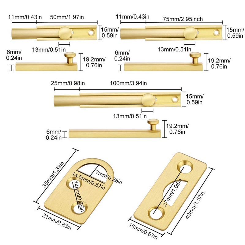 Slide Surface Door Bolt, Heavy Duty Solid Brass Concealed Surface