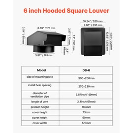 6 inch Hooded Wall Vent Cover, Square AC Vent Gable Cover, Premium SPCC Steel & with Built-in a Protection Screen, for Roofs,Walls,Outside Duct Exhaust Outlets (1 Pack, Black)