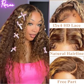 PYY 4/27 Ombre Deep Wave Human Hair Wig - 13x4 HD Transparent Lace Front Wig, Highlight Wig Human Hair, Pre-Plucked Hairline with Baby Hair, Glueless, 200 Density 30inch