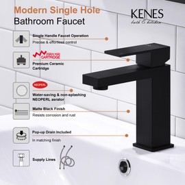KENES Matte Black Single Handle Bathroom Sink Faucet, Stainless Steel Vanity Faucet for Bathroom Sink, with Pop Up Drain Stopper & Water Supply Hoses LJ-9031-2