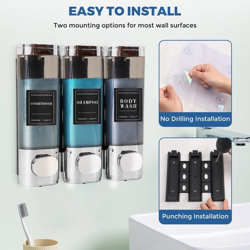 3 Chamber Shampoo and Conditioner Dispenser for Shower Wall -