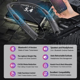 Neckband Bluetooth Headphones Speaker 2 in 1，Wireless Wearable Speaker with Retractable Earbuds, 15Hrs Playtime, Portable Speaker and Headset w/Bulit in Mic for Home, Office and Outdoors (Black)