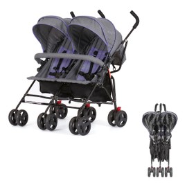 Dream On Me Volgo Twin Umbrella Stroller in Purple, Lightweight Double Stroller for Infant & Toddler, Compact Easy Fold, Large Storage Basket, Large and Adjustable Canopy