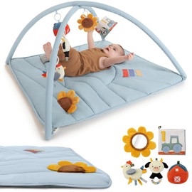 Beautiful Baby Play Gym and Tummy Time Mat - Soft Mat with 5 Farm Toys Creates The Perfect Activity Area for Your Girl/Boy - Stylish Infant Floor Playmat Fits Nicely with Any Playroom Decor