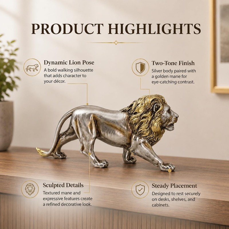 MOTIAHOOM Lion Figurine, Roaring Animal Statue, Silver Gold
