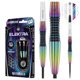 Winmau Elektra Steel Tip Dart Set – 90% Tungsten, 3 Vecta Shafts, and 3 Prism Delta White and Rainbow Flights (24)