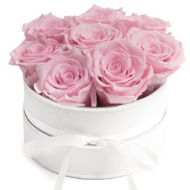Rose Box Pink Round Infinity Roses - Flower Box 8 Real Roses Durable 3 Years Diameter 15 cm - Gift for Women (White/Pink)