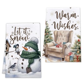HMJKL Christmas Kitchen Towels, Winter Tea Dish Towels for Christmas, Xmas Housewarming Gifts for Women Neighbor Friends, Winter Holiday Hand Towels Set of 2, Snowman Kitchen Decor for Farmhouse -06