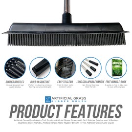 Artificial Grass Brush Astro Turf Brush − Artificial Grass Broom with Soft Rubber Bristles and 3-Section Stainless Steel Handle, Artificial Grass Rake Rubber Broom + Free Artificial Grass Care Guide