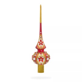 BESTPYSANKY Rubies on Red and Gold Glass Christmas Tree Topper 11 Inches