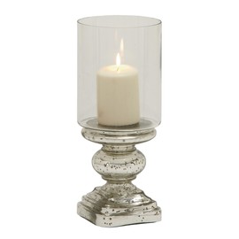 Deco 79 Glass Handmade Turned Style Pillar Hurricane Lamp with Faux Mercury Glass finish, 6" x 6" x 14", Silver