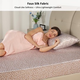 Lirex Satin Fitted Sheet, Silky & Soft Polyester Satin Weave Bed Sheets, 14"/36 cm Deep Pocket with Elastic Corner Straps, King, Cream Leopard