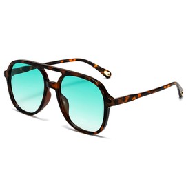 LOJUDI Retro 70s Sunglasses Mens Womens - Polarised Tinted Pilot Vintage Square Double Bridge Glasses UV400 Protection-Leopard/Blue Lens