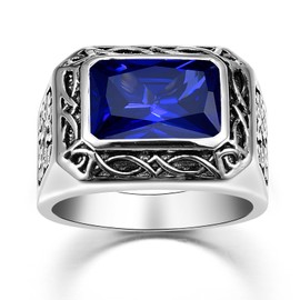 Yaresul Sapphire Rings for Men Stainless Steel Mens Signet Ring Celtic Gemstone Mens Pinky Ring Vintage Wedding Band Gift for Husband, Father, Grandpa Size 10