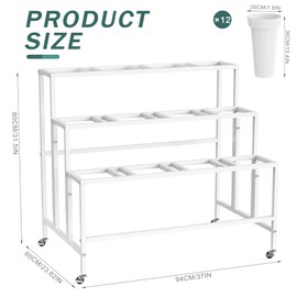 Asee'm Flower Display Stand with 12 Buckets, 3-Tier Flower Stand with Wheels, Heavy Duty Moving Metal Plant Bar Cart Stands Florist Bouquet Shelf for Indoor Outdoor Patio Garden(White - Round Bucket)