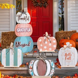 Bucherry 5 Set Fall Porch Decoration Pumpkin Wood Porch Standings Thankful Grateful Blessed Hello Fall Welcome Sign Decor with Base for Thanksgiving Festival Home Front Door Garden(Morandi Style)